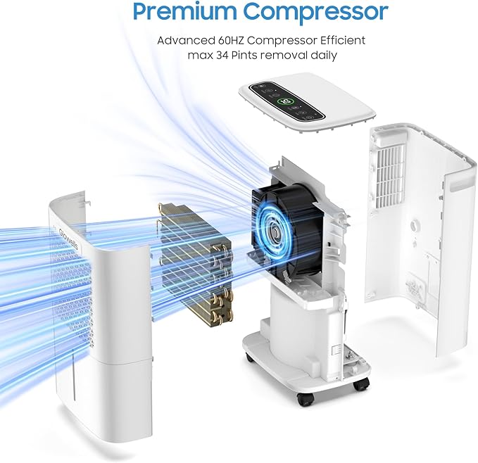 2500 Sq.Ft Dehumidifiers for Home Basement with Drain Hose, 34 Pints Large Room Dehumidifier Portable with Smart Humidity Control, 3 Opeartion Modes for RV, Bathroom, Bedroom