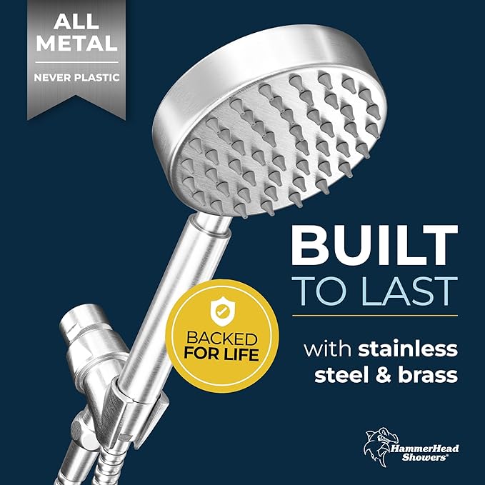 HammerHead Showers® Solid Metal Handheld Shower Head with Hose and Brass Holder - BRUSHED NICKEL - 2.5 GPM High Pressure Shower Heads with Adjustable Shower Wand Bracket - 6ft Flexible Extension