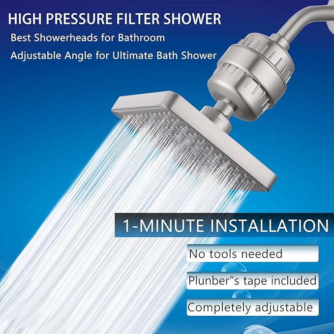 High Pressure Filtered Shower Head Set, 6’’ Rain Shower Filter for Hard Water, Universal Square Showerhead 20 Stage Filtration Removes Impurities for Rejuvenated Skin by Eolax, Brushed Nickel