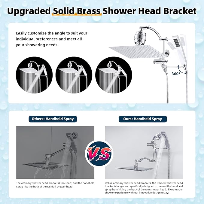 Hibbent All Metal 12'' Filtered Rainfall Shower Head with Handheld Combo, High Pressure Shower Wand, 16'' Adjustable Arc Extension Arm, 20 Stage Shower Filter, 71'' Hose, Shower Head Holder, Chrome