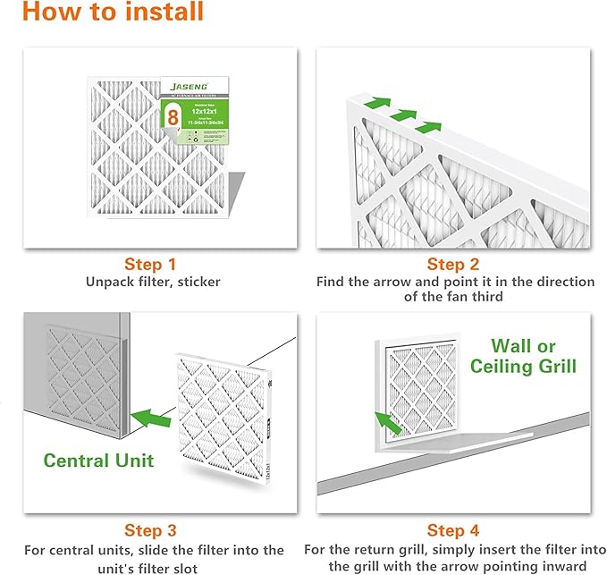 12x12x1 AC Furnace Air Filters,(6-Pack) MERV 8 Dust Defense, JASENG MPR 600 Pleated HVAC Replacement Air Filter (exact dimensions: 11 3/4"x11 3/4"x3/4")