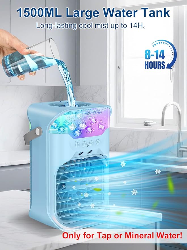 Portable Air Conditioner, 1500ML, Removable & Washable Fan Blades, Timer Function, 4 Speeds, 2 Cool Mists, 7-Color Light, Personal Evaporative Air Cooler for Home, Office, Bedroom, and Camping-Blue