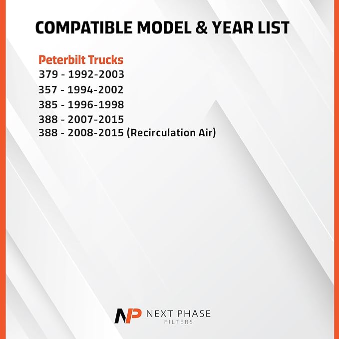 Cabin Filter - Pack of 1 - Compatible with 1992-2000 Peterbilt Trucks 379- Cabin Air Filter Replacement – Replaces O.E. 5X000180, Baldwin PA5321, Donaldson P614224, Luberfiner CAF24006, Wix 24116