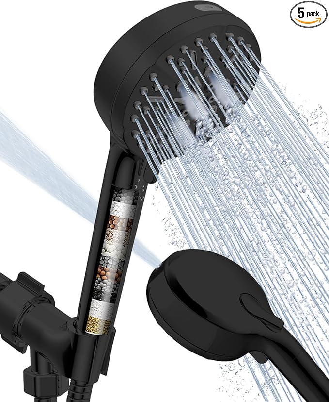 Filtered Shower Head with Handheld Matte Black, BOWGER 6 Modes High Pressure Shower Heads with Power Wash Mode and Hard Water Filter, Detachable Hand Held Showerhead Set with Extra Long Hose