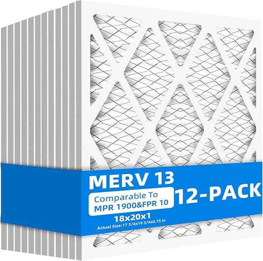 (12 Pack) 18x20x1 Furnace Air Filters, MPR 1900 & FPR 10, MERV 13 Pleated Air Filter (Actual Size: 17.75" x 19.75" x 0.75")