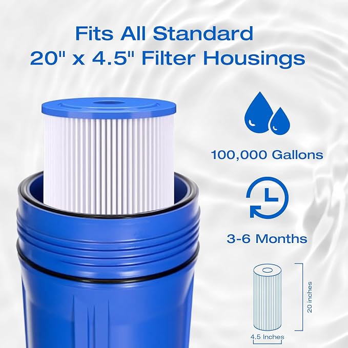 H&G Lifestyles 20" x 4.5" 20 Micro Whole House Pleated Sediment Water Filter for Well Water, Removes Dust Sands Impurities,Replacement Compatible with 20 X 4.5 Water Filtration System 2pcs