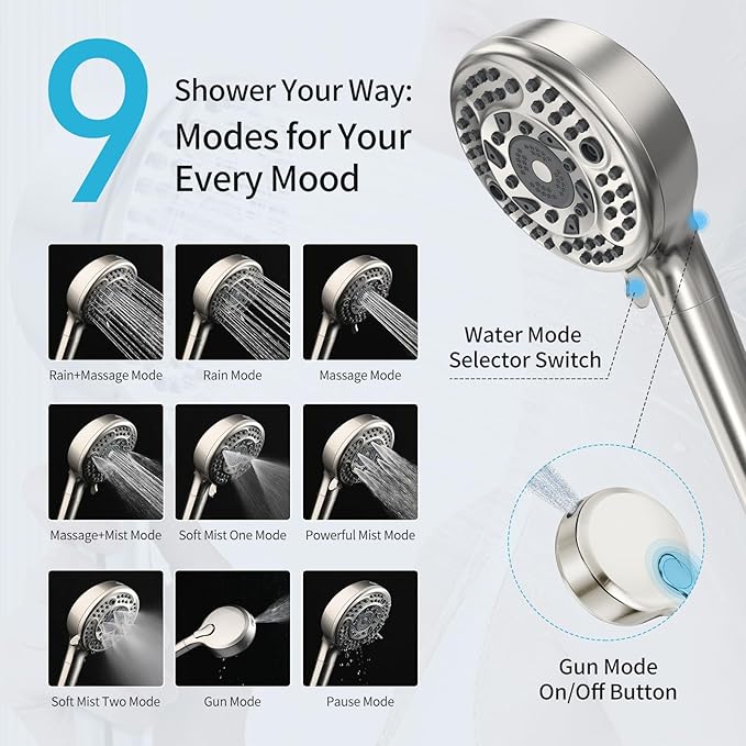 Filtered Shower Head with Handheld, 9 Spray Mode High Pressure Shower Head with 4 Filters, Hard Water Filter Showerhead - Remove Chlorine, Brushed Nickel