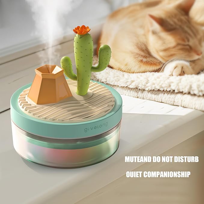 Mini Portable Desktop Humidifiers for Bedroom,Small Humidifier with Cactus Landscape,Quiet,Cool Mist, Auto Off,7 Colors Night Light,320ml Air Humidifier Home Office Travel (Green)