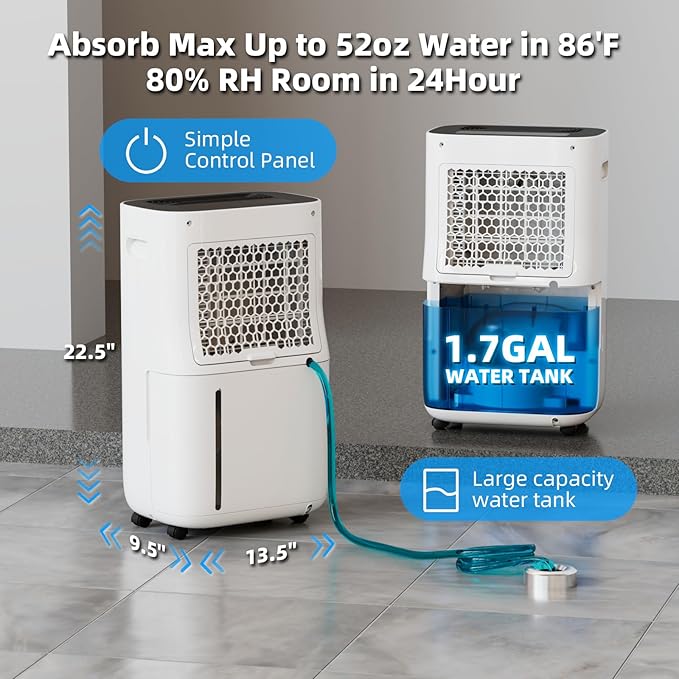 5000 sq.ft dehumidifier for basements with drain Hose, 80 pint dehumidifiers for home with 1.7 Gallons large Water Tank and 4 Modes Operation Auto Shut-off,24H Timer,Child Lock,Defrost,Silent