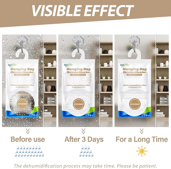 ZSZMFH 8 Pack Moisture Absorber Hanging Bags, Fragrance Free Humidity Packs, 15 OZ Dehumidifier Bags Effectively Trap Extra Moisture,Hanging Closet Dehumidifier Bags-425g/pack