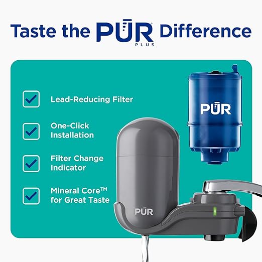 PUR Plus Vertical Faucet Mount Water Filtration System, Lead-Reducing Water Filter For Sink Faucet, Easy Install, 100 Gallons, Compatible with Sinks with External Aerators, Grey