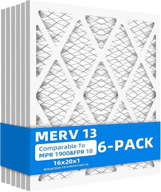 (6 Pack) 16x20x1 Furnace Air Filters, MPR 1900 & FPR 10, MERV 13 Pleated Air Filter (Actual Size: 16 3/4"x19 3/4"x3/4")