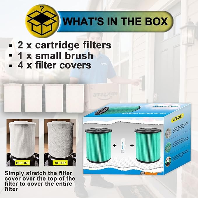 2 Pack VF6000 Hepa Filter Replacement for Rigid Shop Vac Filter 97457, 5-Layer HEPA Pleated Paper Filter, compatible with RIDGID most 5-20 Gallon Wet/Dry Vacuums, with 4 Pack Filter Covers