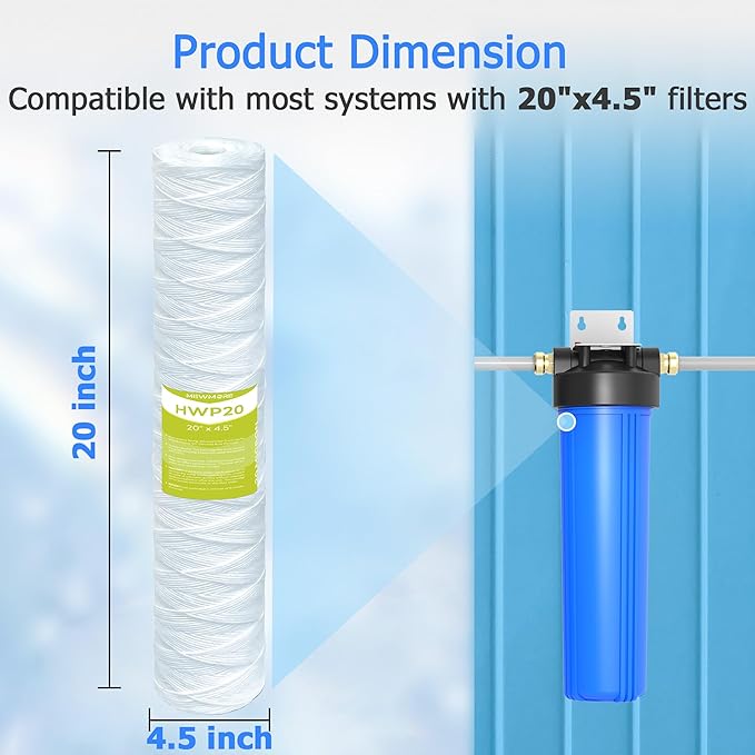 20 Micron Whole House Water Filter Cartridge, String Wound Sediment Filters for Well Water, Universal Replacement for Any 20 inch Big Housings - 20" x 4.5" Cartridges - Pack of 6
