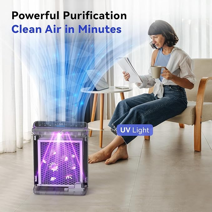 Afloia Air Purifiers for Bedroom Home Large Room Up to 2000Ft², 3-Stage Efficient Filter with Laser Air Quality Sensor for Pets Hair Dander Pollen Allergies Dust Mold Odor Smoke, Black