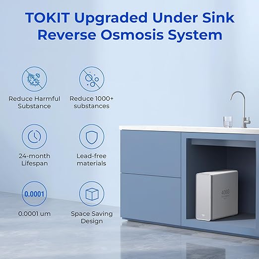 TOKIT Reverse Osmosis Water Filter, U1 Alkaline Mineral Under Sink Water Filter System, 400GPD Tankless RO Filtration with Faucet, NSF/ANSI 58, 2:1 Pure to Drain, Reduce TDS