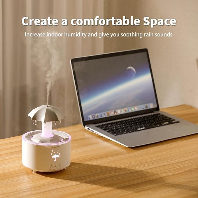 Humidifiers for Bedroom,Aromatherapy Essential Oils Diffuser,Quiet Ultrasonic Clouds and Cool Mist Humidifier, 7 Colors Breathing LED Light,Rotating Umbrella Rain Drops,Ideal Holiday Gifts for Home