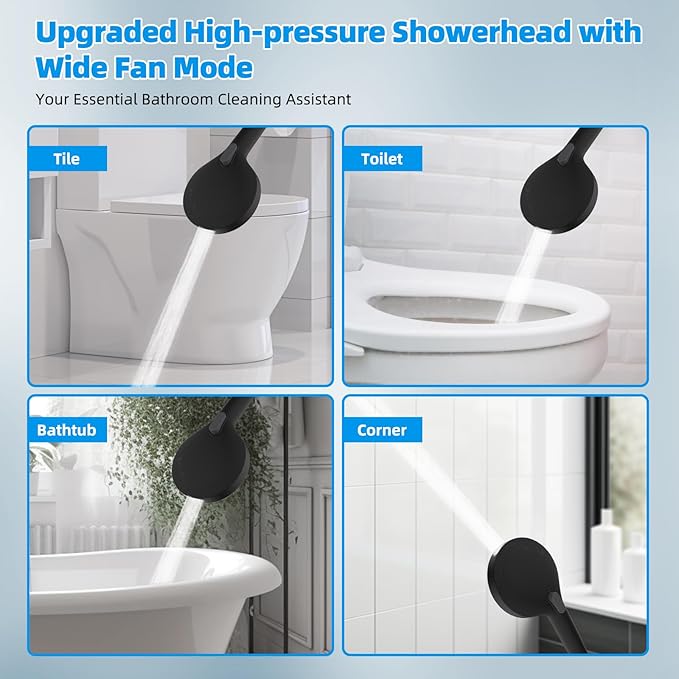 Hibbent All Metal Shower Head, 10'' High Pressure Rainfall Shower Head, Handheld Showerhead Combo, 12'' Adjustable Curved Extension Arm, 10 Sprays, 71'' Shower Hose, Showerhead Holder, Matte Black