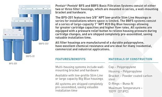 Pentair Pentek BBFS-22 Big Blue Two-Housing Filtration System, 1" NPT #20 High Capacity Water Filter Housing, Holds 20" x 4.5" Filter Cartridges