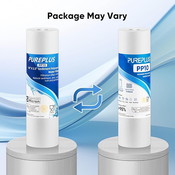 PUREPLUS 5 Micron 10" x 2.5" Whole House Sediment Home Water Filter Cartridge Replacement for Any 10 inch RO Unit, Culligan P5, Aqua-Pure AP110, Dupont WFPFC5002, CFS10, WHKF-G05, 1PACK