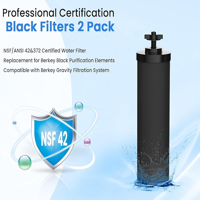 Black Filter 4 Pack by NSF/ANSI 42 Certified, Replacement for BB9-2® Purification Elements Filters, Compatible with Berkey Gravity Filtration System, Replacement for Berkey Black Filters