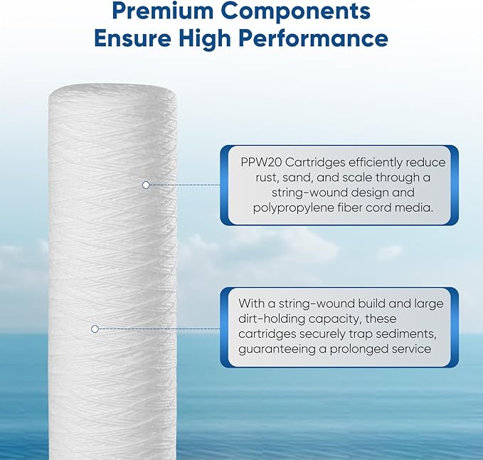 PUREPLUS 5 Micron 2.5" x 20" Whole House String Wound Sediment Filter for Well Water, Replacement Cartridge for Aqua Pure AP110-2C, Pentek P1-20/SP-P1-20/PX01-20, Watts FPMB5-20, WPP-F20-5, 6Pack