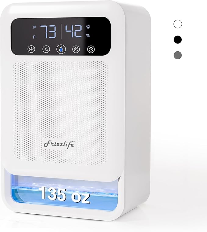 Frizzlife DH80 Air Dehumidifier, 135oz Water Tank W/Purifying Function, Quiet Small Dehumidifiers With Sleep Mode For Home, Bedroom, Bathroom, Basement W/Auto Shut Off, 7 Colors LED Light, White