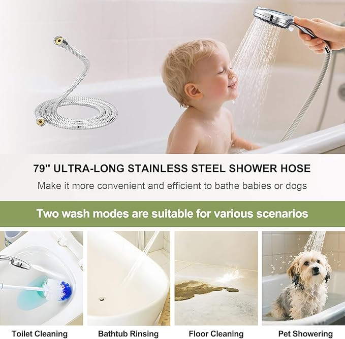 Filtered Shower Head with handheld, 10 Functions High Pressure showerhead with 79"Stainless Steel Shower Hose, Built-in 2 Power Wash, Replaceable Filter Design to Improve Water Quality (Chrome)