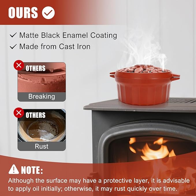 G GOOD GAIN Wood Stove Steamer - Cast Iron Round Bowl Fire Place Stove Humidifier Pot with Large Opening Top for Home Heating Decorative | Matte Finish & 2.7 Quart, OrangeRed