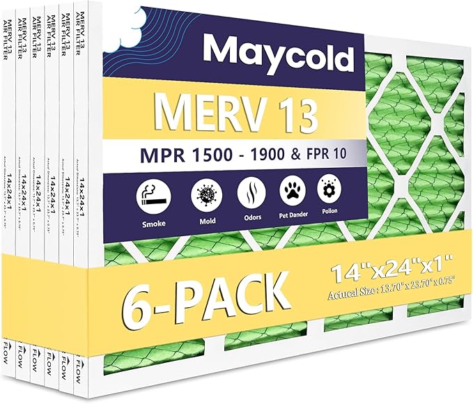 Maycold MERV 13 14x24x1 Air Filter (6-Pack), High-Efficiency Pleated AC & Furnace Filters, Actual Size: 13.70” x 23.70” x 0.75”, Individually Wrapped in Plastic