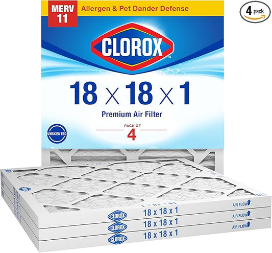Clorox 18x18x1 Air Filter, MERV 11 Pleated HVAC AC Furnace Air Filters, MPR 1000 & FPR 7 – Pack of 4