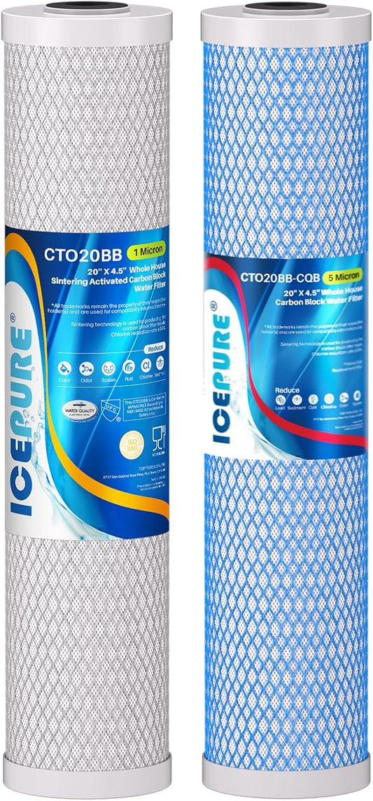 ICEPURE 4.5"x 20" Whole House Water Filter High Capacity Combo Set, Carbon Block Cartridge and Upgraded Activated Carbon Lead Removal Filter Replacement for 20 Inch Water Filter System, Pack of 1