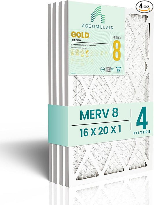Accumulair Gold 16x20x1 MERV 8 HVAC Air Filter (4-Pack) | Replacement Air Filter for AC and Furnace | Made in USA | Actual Size 15.75 x 19.75 x 0.75