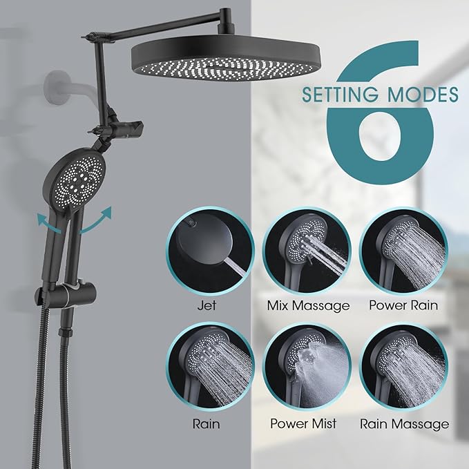 14" x 8" Rectangle High Pressure Rainfall Shower Head with Handheld Combo, 6 Setting Handheld Shower Head, Adjustable Height Shower Extension Arm and Slide Bar for Easy Reach - Matte Black