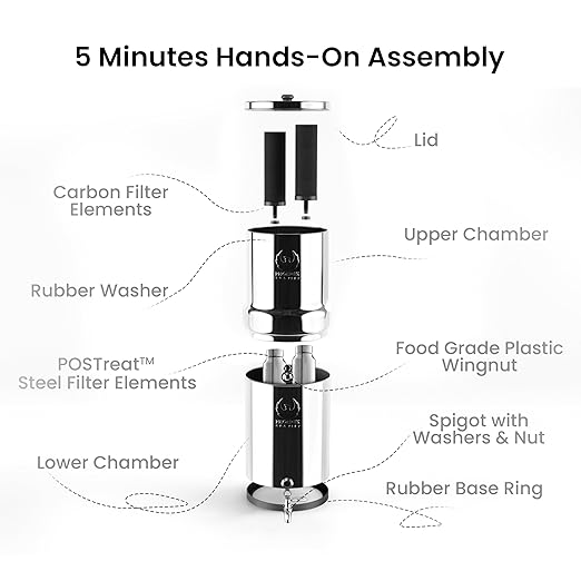 Gravity Water Filter System - 2.25 Gallons NSF Certified AISI 304 Stainless Steel Water Filter with 2 Smart Carbon Filters, 2 POSTreat Steel Fluoride Removal Elements & Free Stainless Steel Spigot