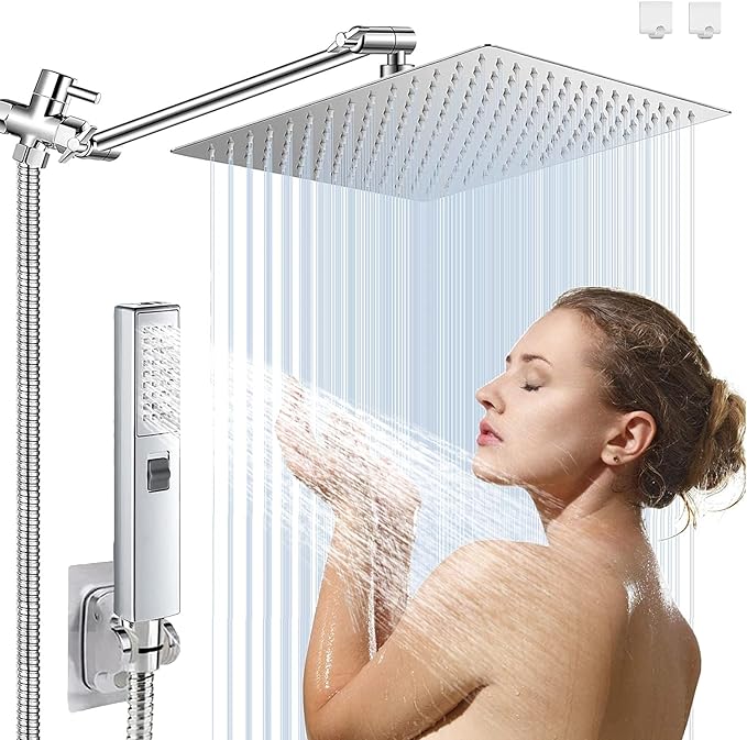 10" High Pressure Square Rainfall Shower Head and 2-in-1 Hand Shower, Equipped with 78"Hose,3 Way Diverter Valve, Adhesive Shower Head Holder (AWAXFOLO Chrome Square Shower Head Set)