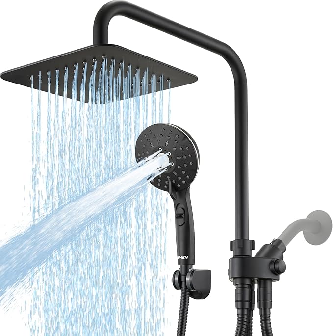 8" Dual Shower Head Combo, Rainfall Shower Head with Handheld, 6 Spray Settings Angle Adjustable Handheld Shower Head with Pause, Height Adjustable, Matte Black