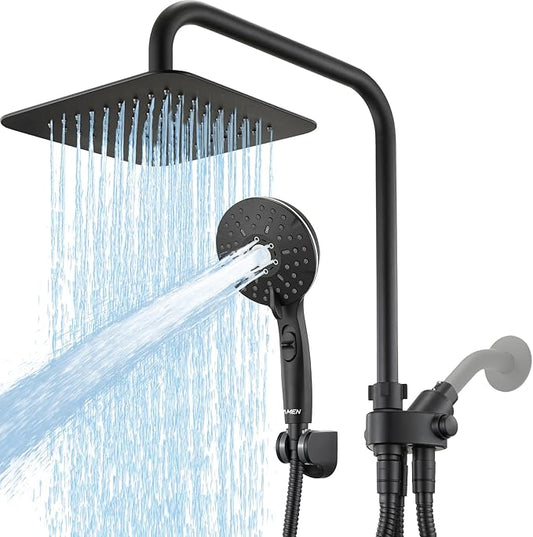 8" Dual Shower Head Combo, Rainfall Shower Head with Handheld, 6 Spray Settings Angle Adjustable Handheld Shower Head with Pause, Height Adjustable, Matte Black