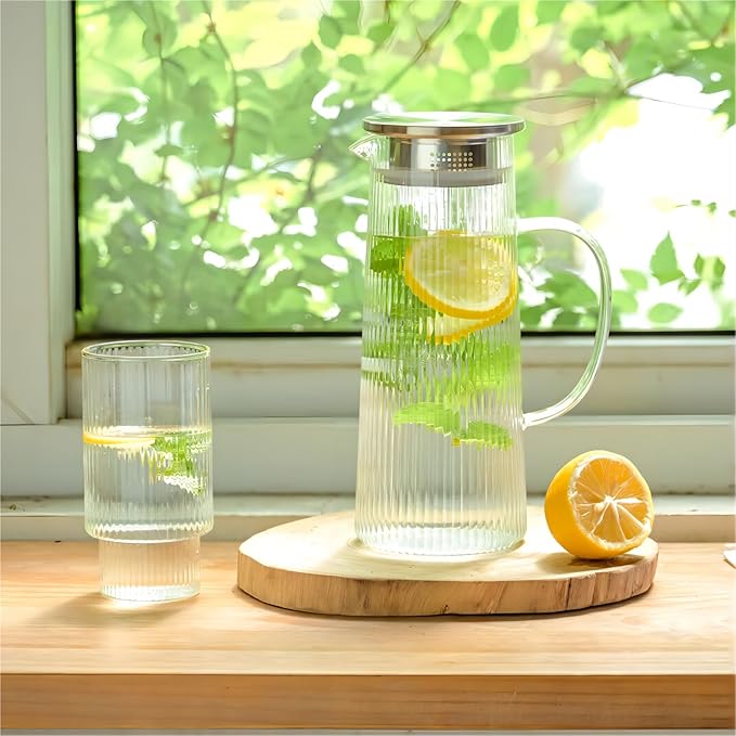 Glass Pitcher with Lid, 40 oz/1.2 Liter Glass Water Pitcher, Ice Tea Brewing, Hand Blown Small Pitchers for Drinks, Coffee, Juice, Lemonade, and Hot/Cold Beverages, Heat Resistant