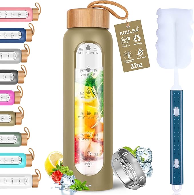 Aqulea Glass Water Bottles 32 Oz with Silicone Sleeve - BPA Free Reusable Wide Mouth Glass Motivational Water Bottles with Fruit Infuser – Leak Proof Borosilicate Water Bottle with Time Marker (Champ)