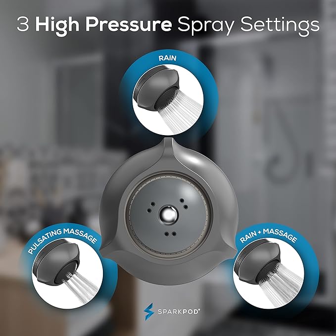 SparkPod 3-Inch Extreme High Pressure Shower Heads - Pressure Boosting with Rain, Massage & Pulsating Mode, Powerful Water-Saving Showerhead - 2.5 GPM Fixed Shower Head (Charcoal Grey)