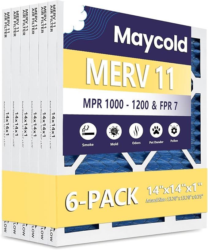 Maycold 14x14x1 MERV 11 Furnace Air Filter (6-Pack), High-Performance HVAC AC Filters for Home Use, Actual Size: 13.70” x 13.70” x 0.75”, Individually Wrapped in Plastic