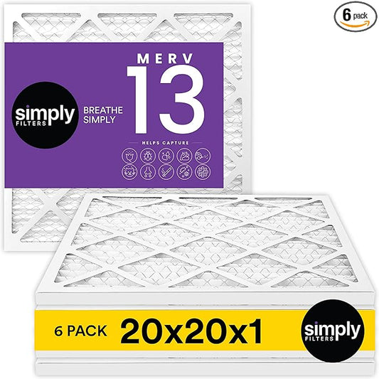 Simply 20x20x1 Air Filter, Merv 13, MPR 1500, 6 Pack, For Home AC Furnace & HVAC (Actual Size: 19.75"x19.75"x0.75") DUST, Pet, & Allergy Control