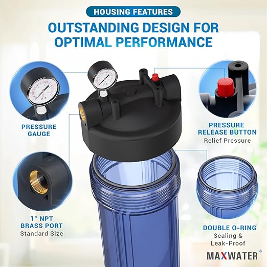 20 x 4.5 Whole House 1 Stage PP Pleated Sediment Filter System w/ 1" NPTF Port Housing Head Includes 25 Micron Pleated Sediment Filter, Gauge & Bracket BB-20B WH100SP WDS150K CB1-CAB20-BB DB20P