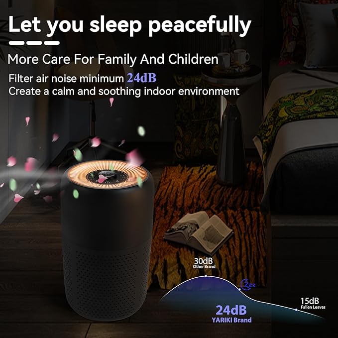2 Pack YARIKI Air Purifiers for Bedroom Home with Aromatherapy Function,Small Air Purifier with Nightlight Speed Control,24dB Low Noise for Better Sleep,For Pet Room Dorm Kitchen,P60 (Black)