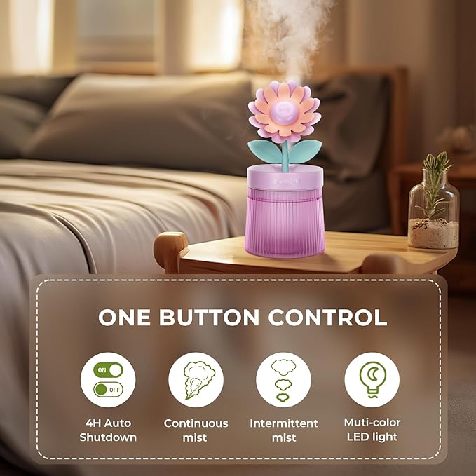Cute Flower Mini Humidifier, 260ml Sunflower Desktop Humidifiers for Bedroom, Portable Small Cool Mist Humidification for Home, Baby Nursery, Office & Indoor Plants, USB Powered (Purple)