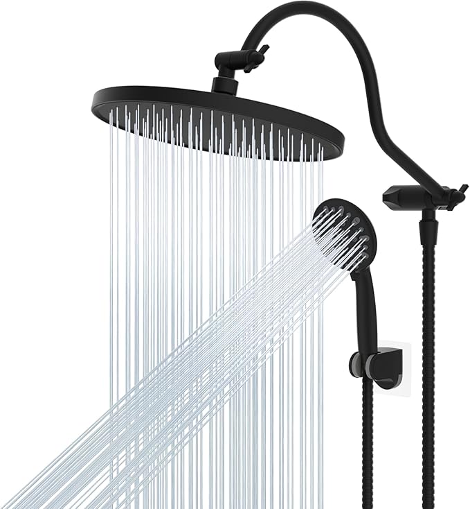 Hibbent 10'' Self-cleaning Rain Shower Head, High Pressure Handheld Shower Head, Showerhead Combo with 12'' Adjustable Curved Shower Extension Arm, 7-Spray, 71'' Hose, Showerhead Holder, Matte Black