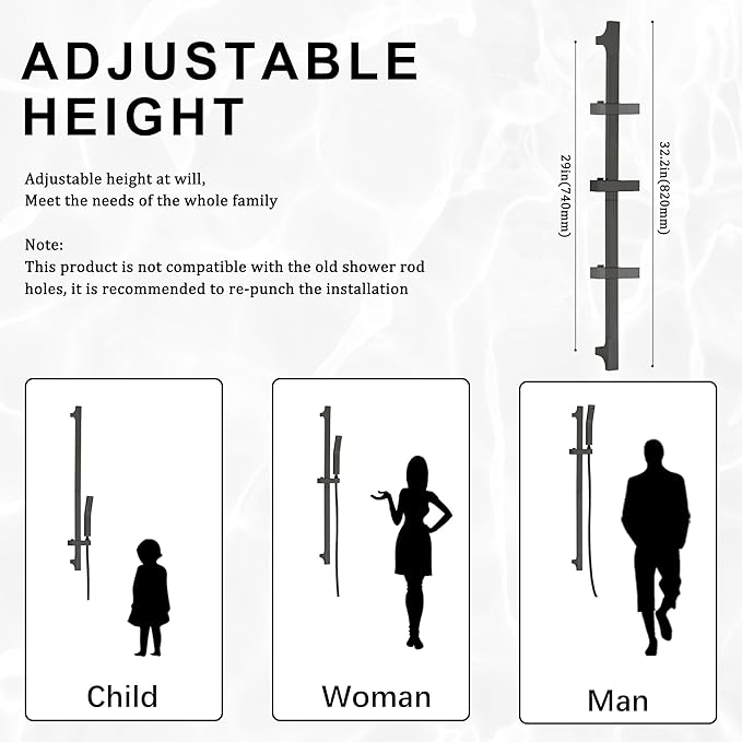 Matte Black Hand Shower with Slide Bar High Pressure Square Shower Head with Handheld Spray 29" Shower Slide Bar Adjustable Height