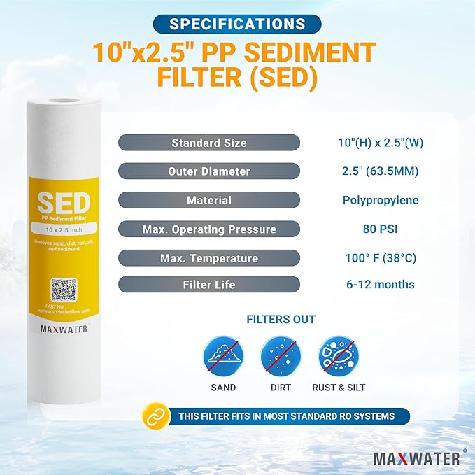 2 Pack of 10 Micron 10" x 2.5" Inch Polypropylene Sediment Filters compatible with 10" Standard RO Reverse Osmosis and WH Whole House Systems