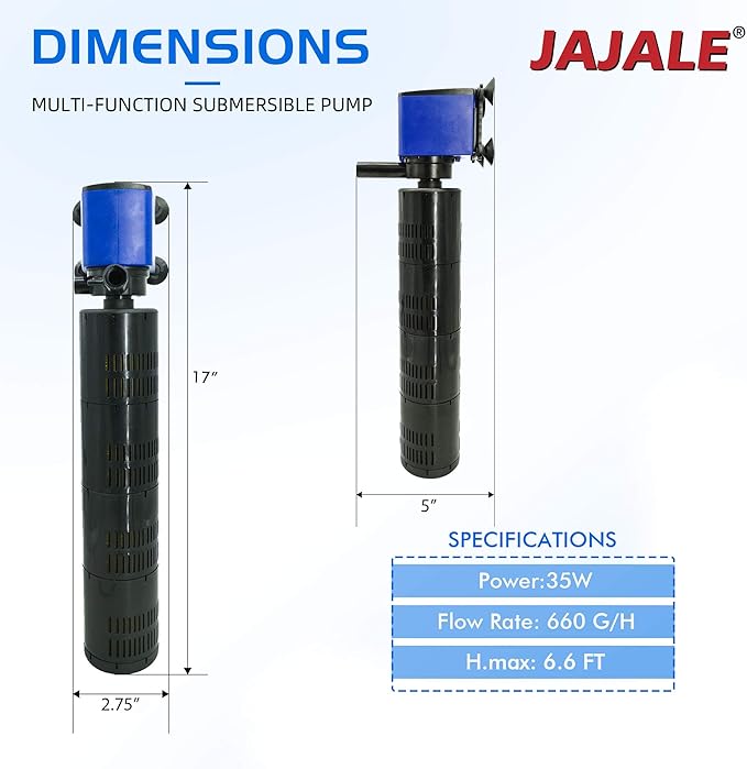 660 GPH Internal Filter Submersible Pump - 3 in 1 Aquarium Fish Tank Pump with Oxygenation, Filtration & Water Cycling, 6.6 ft max lift, 35W - 3 Pack